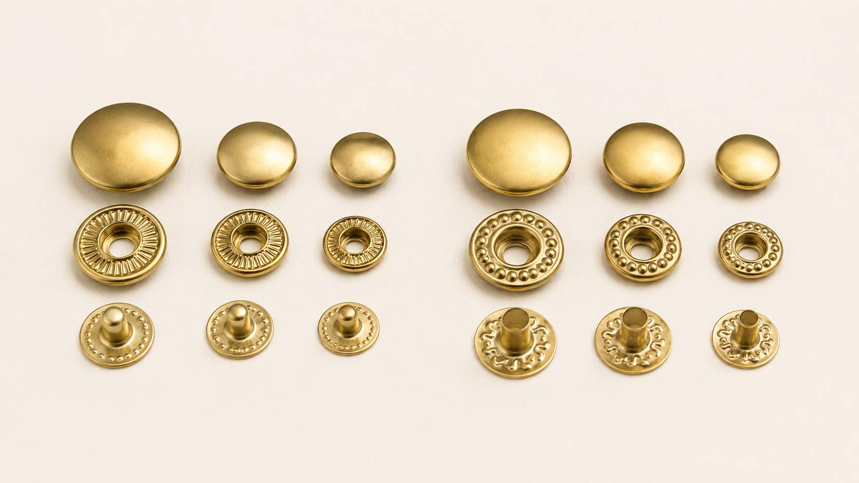 gold plated snap buttons, Gold plated snap buttons in several sizes are arranged with matching components on a light background.